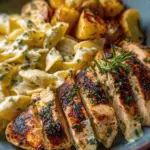 Grilled Chicken with Creamy Herb Pasta & Garlic Roasted Potatoes