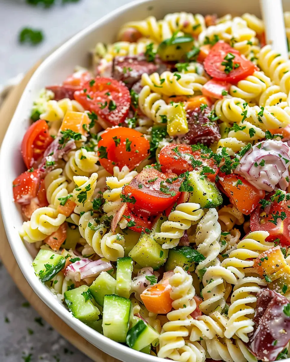 Italian Dressing Pasta Salad with Turkey Bacon and Chicken Ham