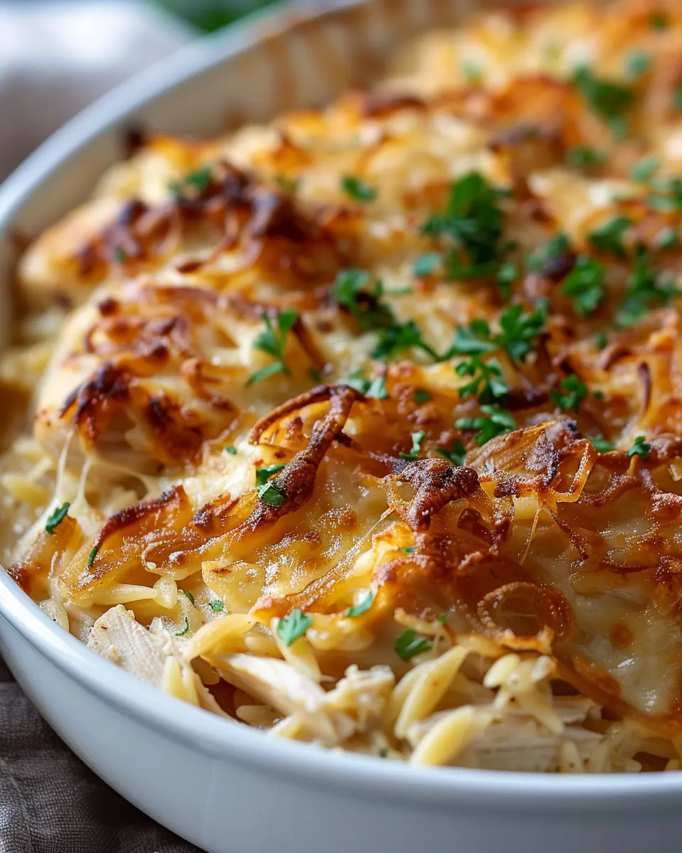 French Onion Chicken Orzo Casserole with Turkey Bacon Delight