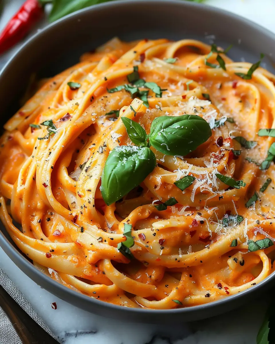 High Protein Creamy Roasted Red Pepper Pasta with Turkey Bacon Delight