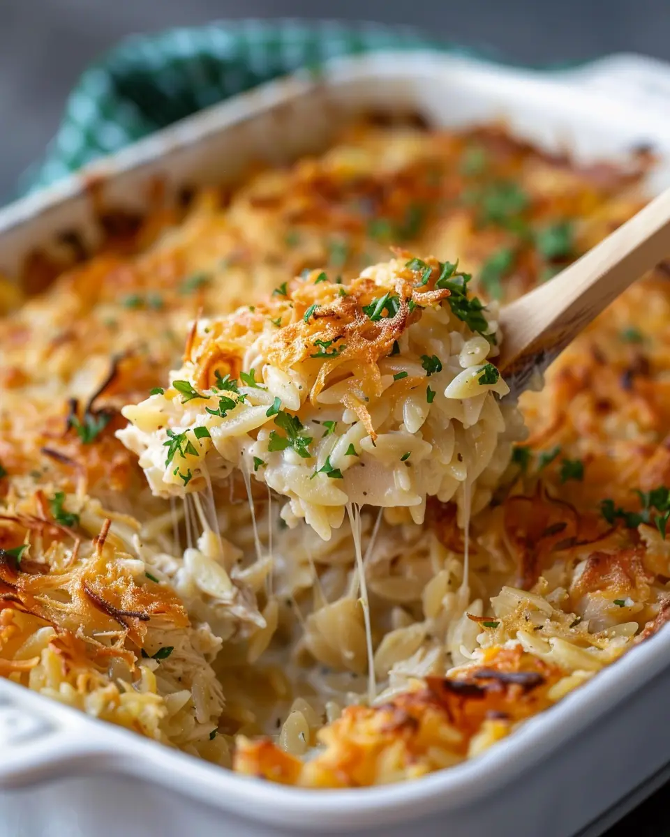 French Onion Chicken Orzo Casserole with Turkey Bacon Delight