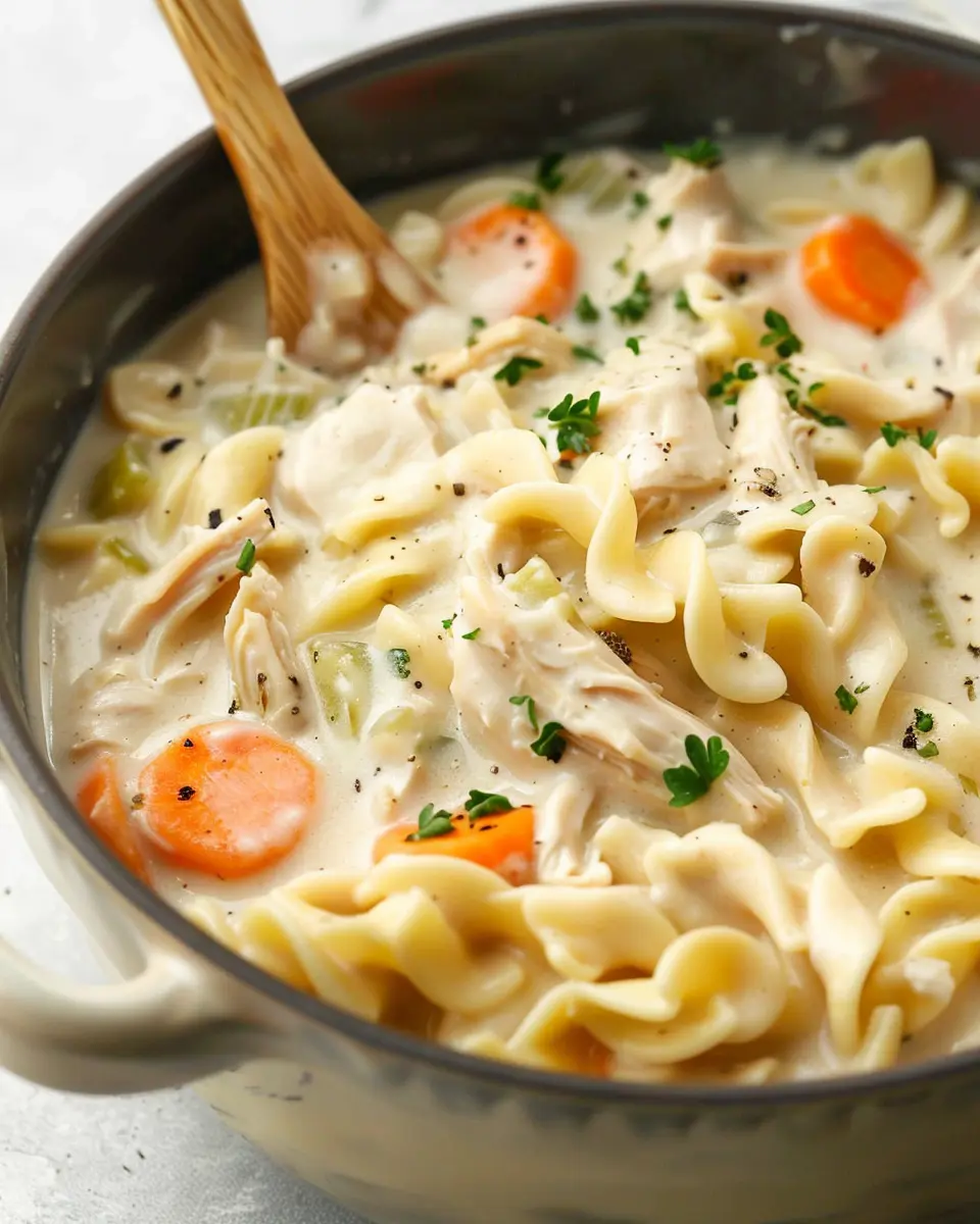 Easy Creamy Chicken Noodle Soup with Turkey Bacon Delight
