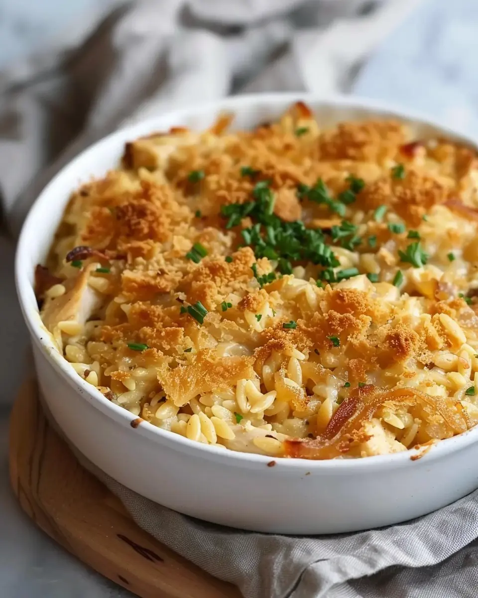 French Onion Chicken Orzo Casserole with Savory Turkey Bacon