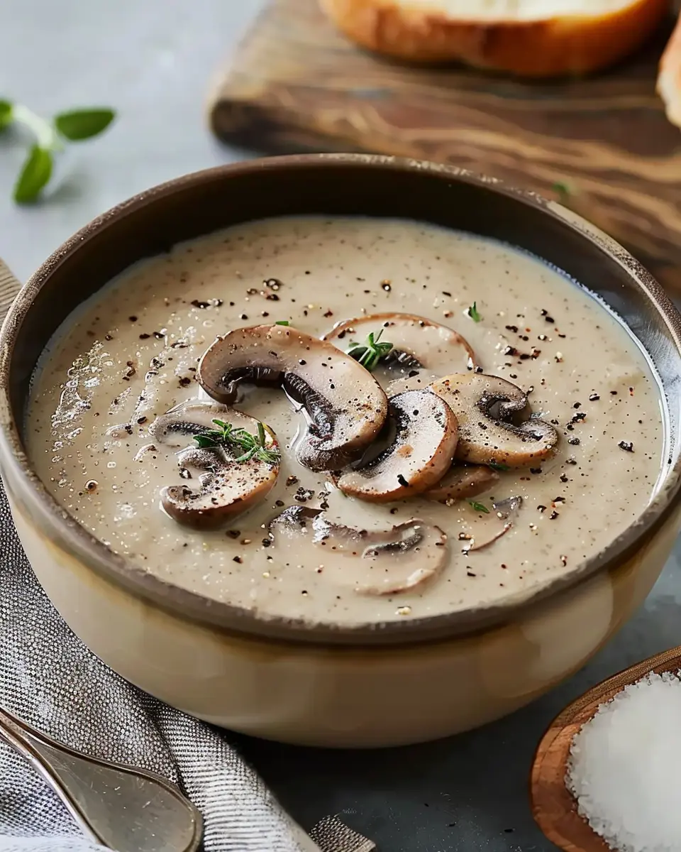 Cream of Mushroom Soup: Indulgent Recipe with Turkey Bacon and Herbs