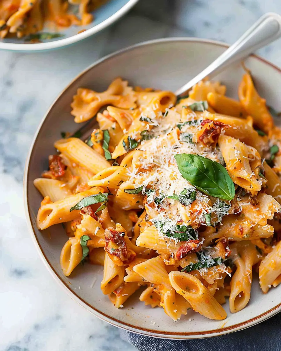 Creamy Sun Dried Tomato Pasta with Turkey Bacon and Chicken Ham
