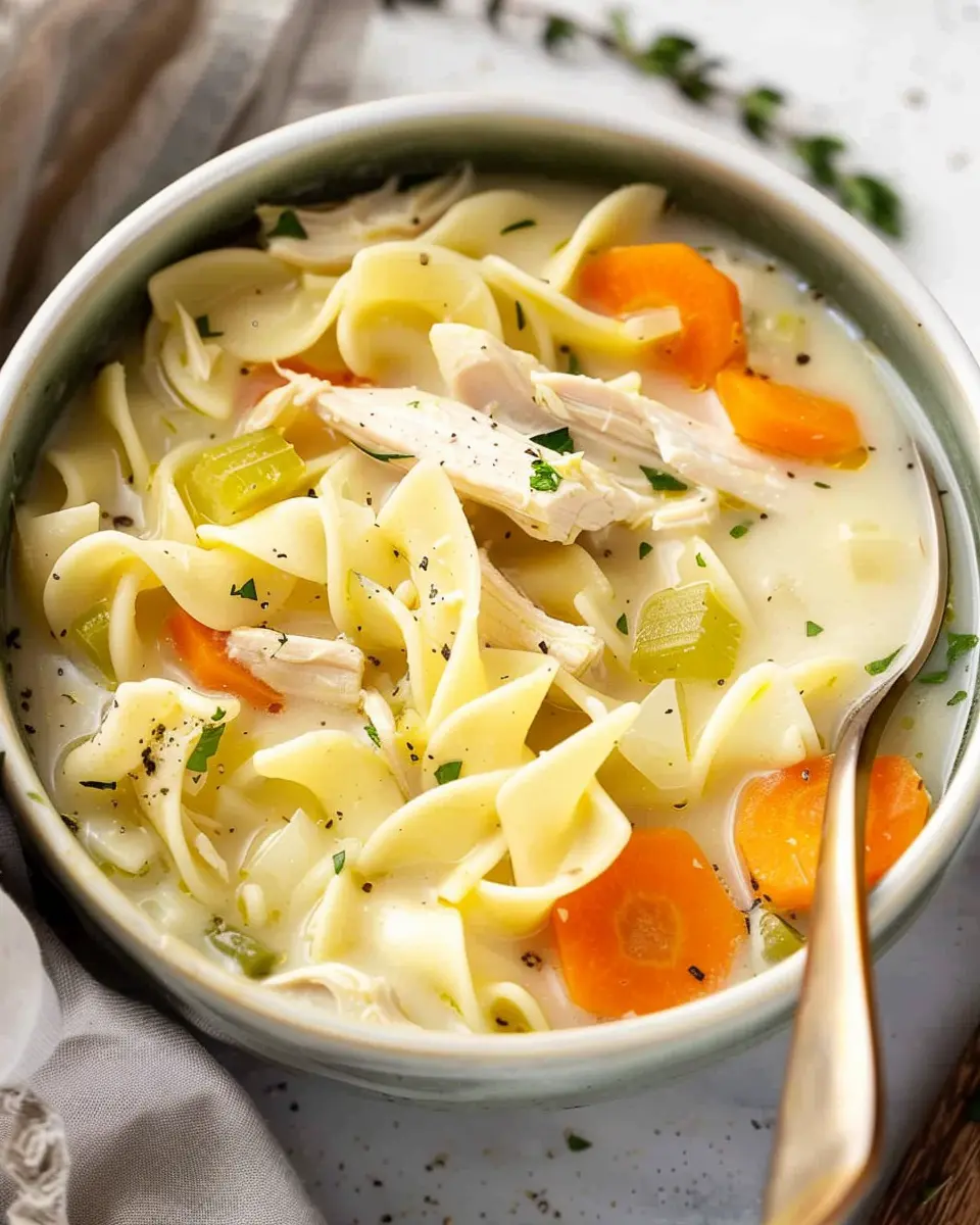 Creamy Chicken Noodle Soup with Turkey Bacon and Fresh Herbs