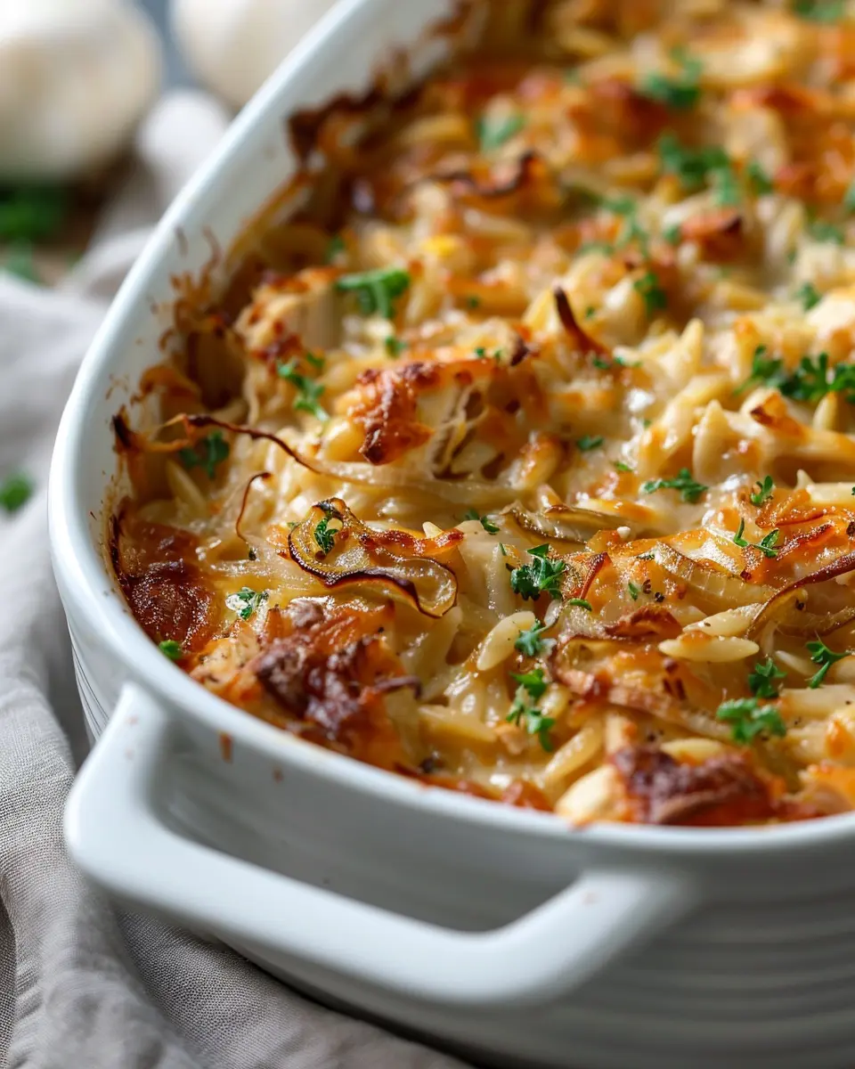 French Onion Chicken Orzo Casserole with Turkey Bacon Delight
