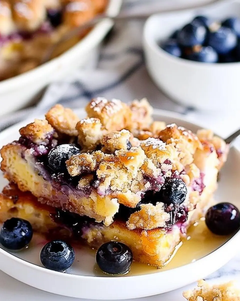 Streusel Topped Blueberry French Toast Casserole Delight with Turkey Bacon