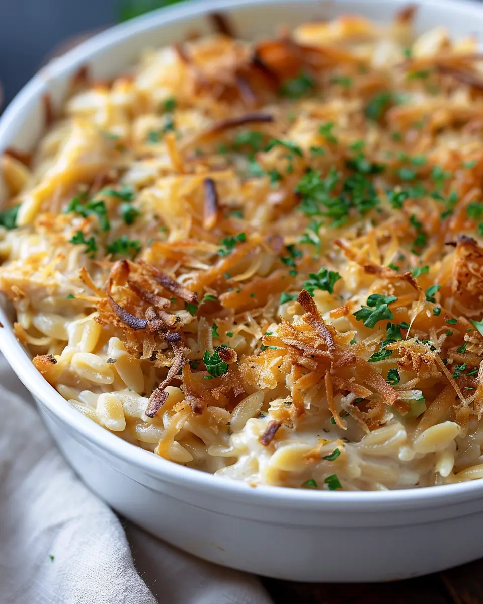 French Onion Chicken Orzo Casserole with Turkey Bacon Delight