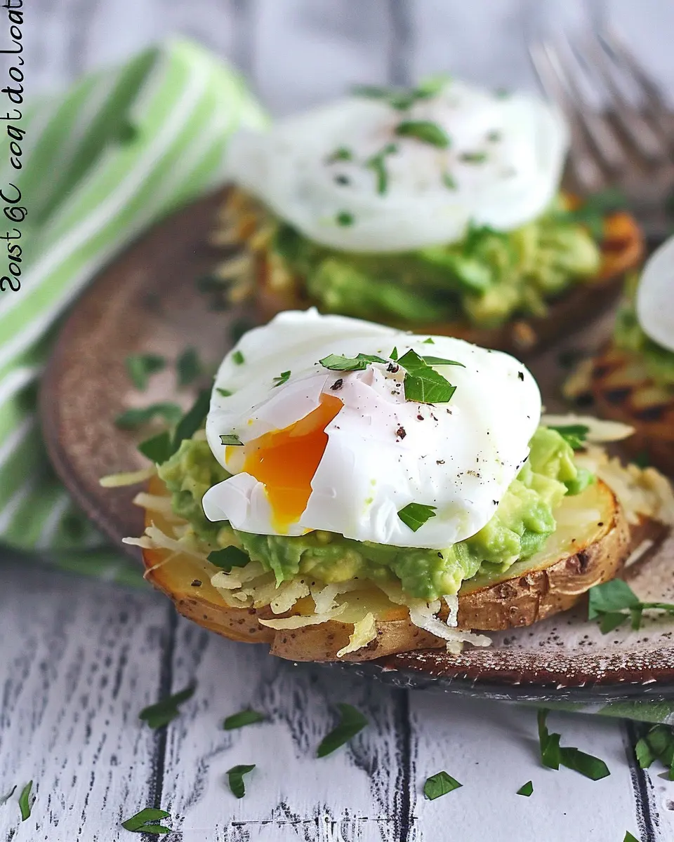Potato Avocado Toast with Perfectly Poached Eggs and Turkey Bacon