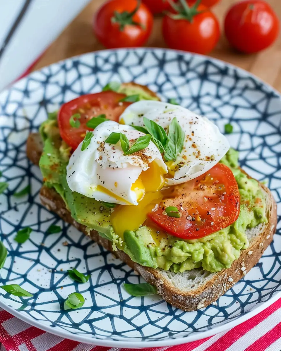 Breakfast Smashed Avocado Tomato Toast with Fried Poached Egg Delight
