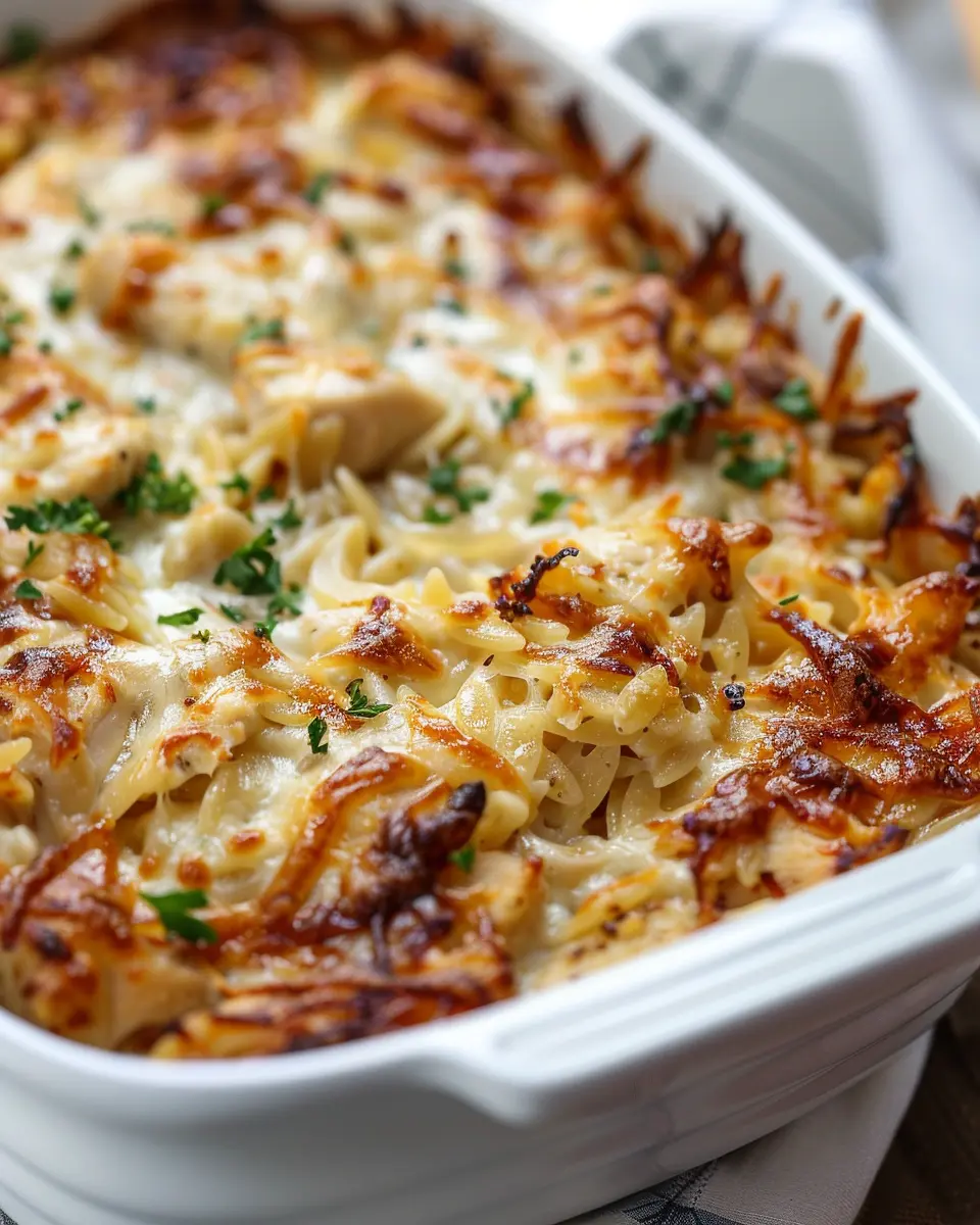 French Onion Chicken Orzo Casserole with Turkey Bacon Delight