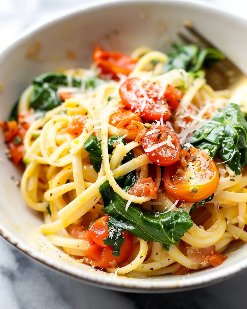 Fresh Spinach and Tomato Pasta: Easy Recipe with Turkey Bacon