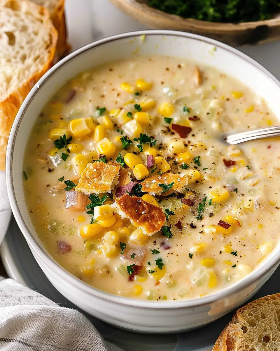 Creamy Corn Chowder with Turkey Bacon and Chicken Ham Delight